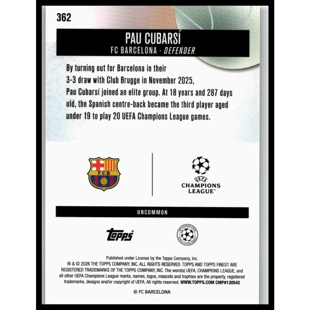 2025-26 Finest UEFA Pau Cubarsí #362 FC Barcelona Uncommon